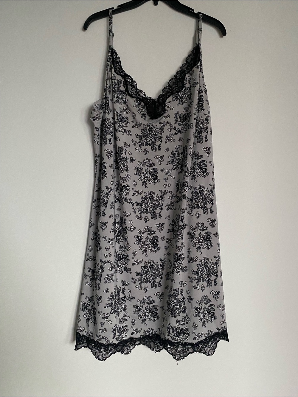 Women's Lace Trim Slip Dress - Gray with Black Floral